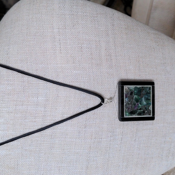 Inlaid gem necklace.  New Handcrafted, Emerald, amethyst, pyrite. 925 - Picture 2 of 7